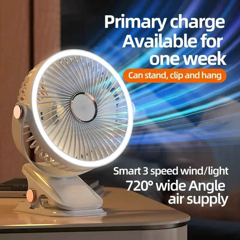 Ventilador Portátil 8000mAh com LED – Ideal para Camping, Mesa ou Teto